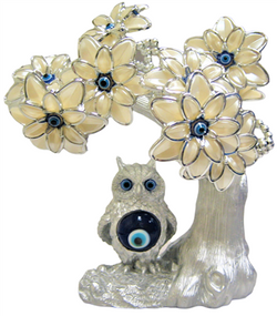 Silver colored Evil Eye Bonsai tree with Owl and White Flowers Model M-09 | EVIL EYES | Wiccan Center