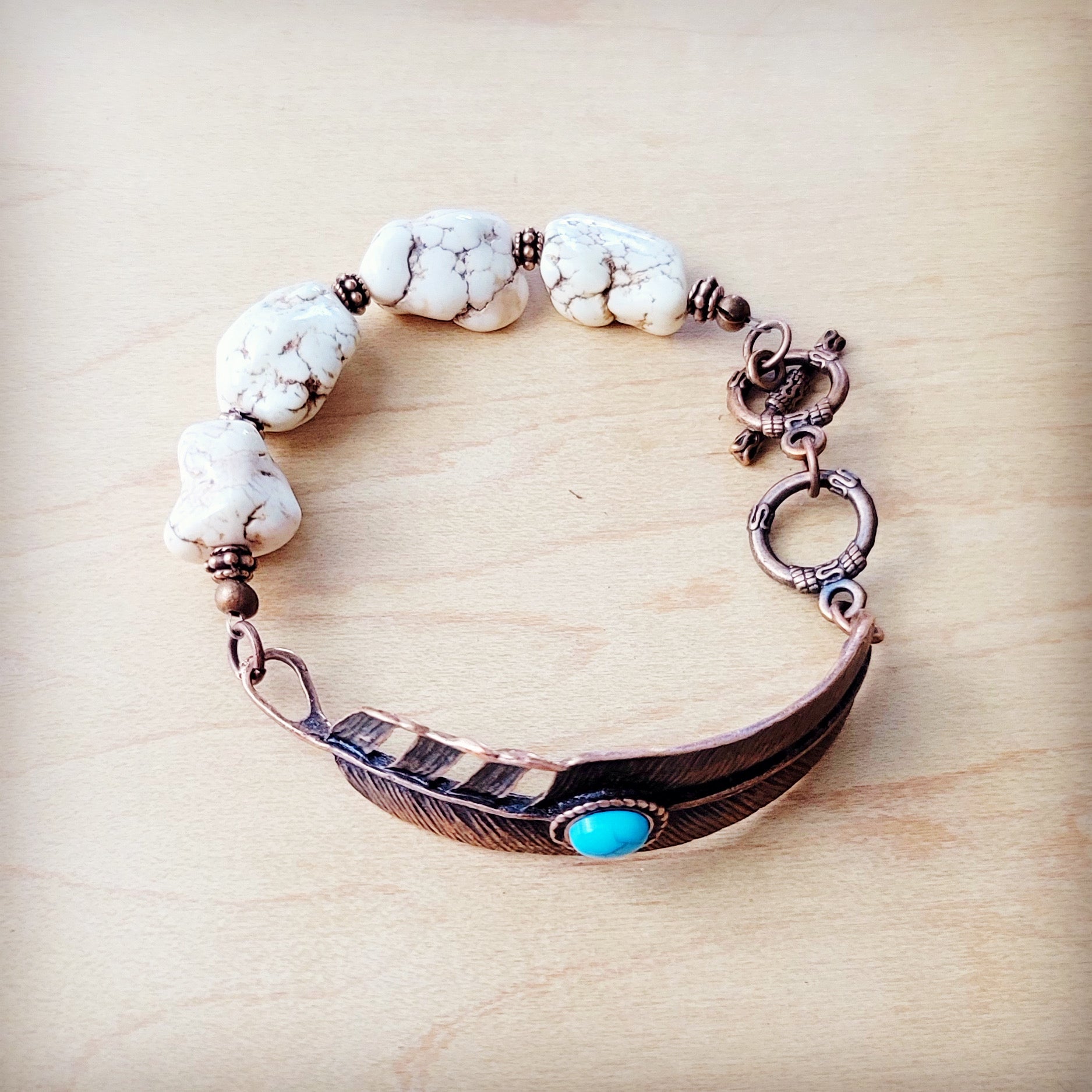 White Chunky Turquoise Beaded Bracelet on Copper Feather 810s | Bracelet | Wiccan Center
