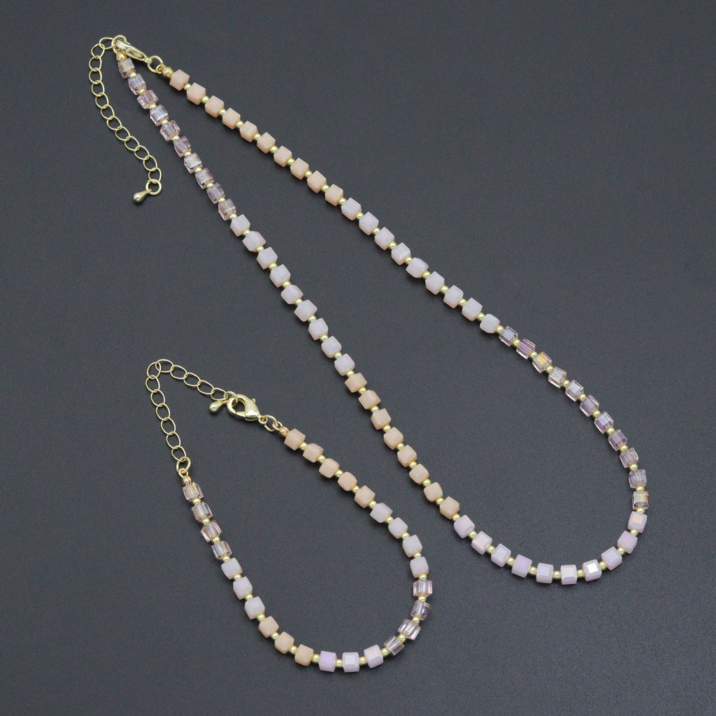 Ombré Pink Champagne color Cube Beads necklace Bracelet, Sku#EF799 | Jewelry Set | Wiccan Center