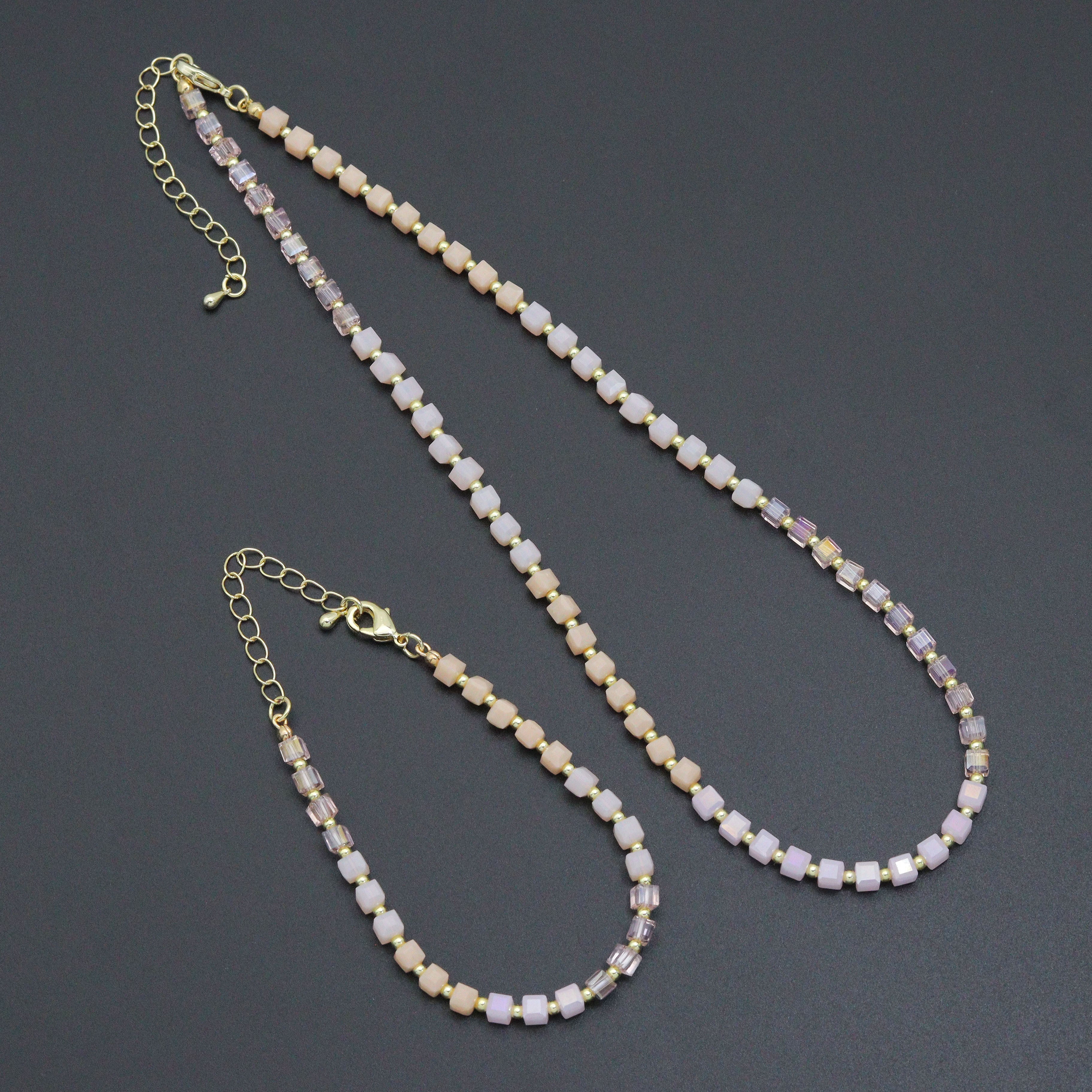 Ombré Pink Champagne color Cube Beads necklace Bracelet, Sku#EF799 | Jewelry Set | Wiccan Center