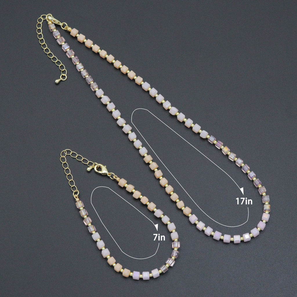Ombré Pink Champagne color Cube Beads necklace Bracelet, Sku#EF799