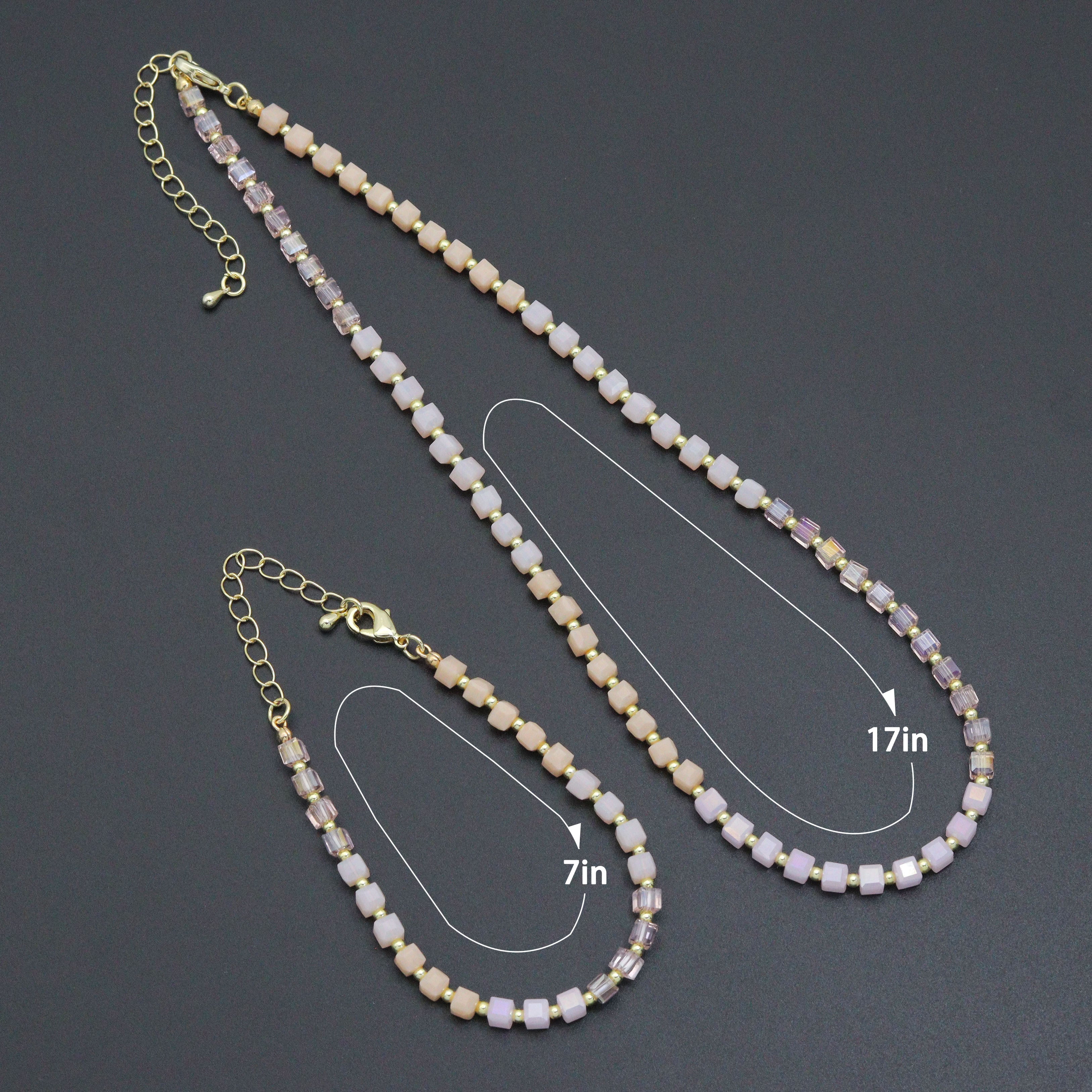 Ombré Pink Champagne color Cube Beads necklace Bracelet, Sku#EF799