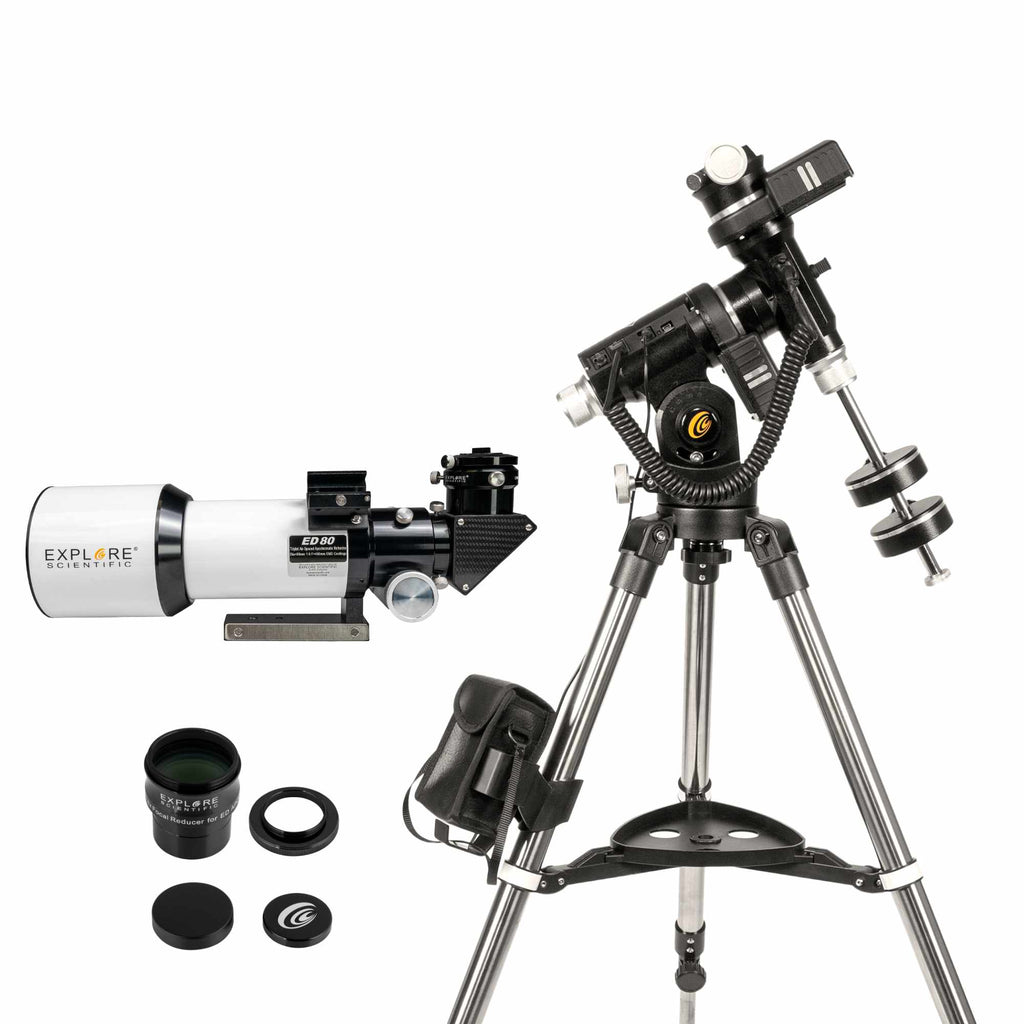 ED80 Essential Series Air-Spaced Triplet Refractor Telescope with 0.8x Focal Reducer and iEXOS-100-2 PMC-Eight Equatorial Tracker System | Telescope | Wiccan Center