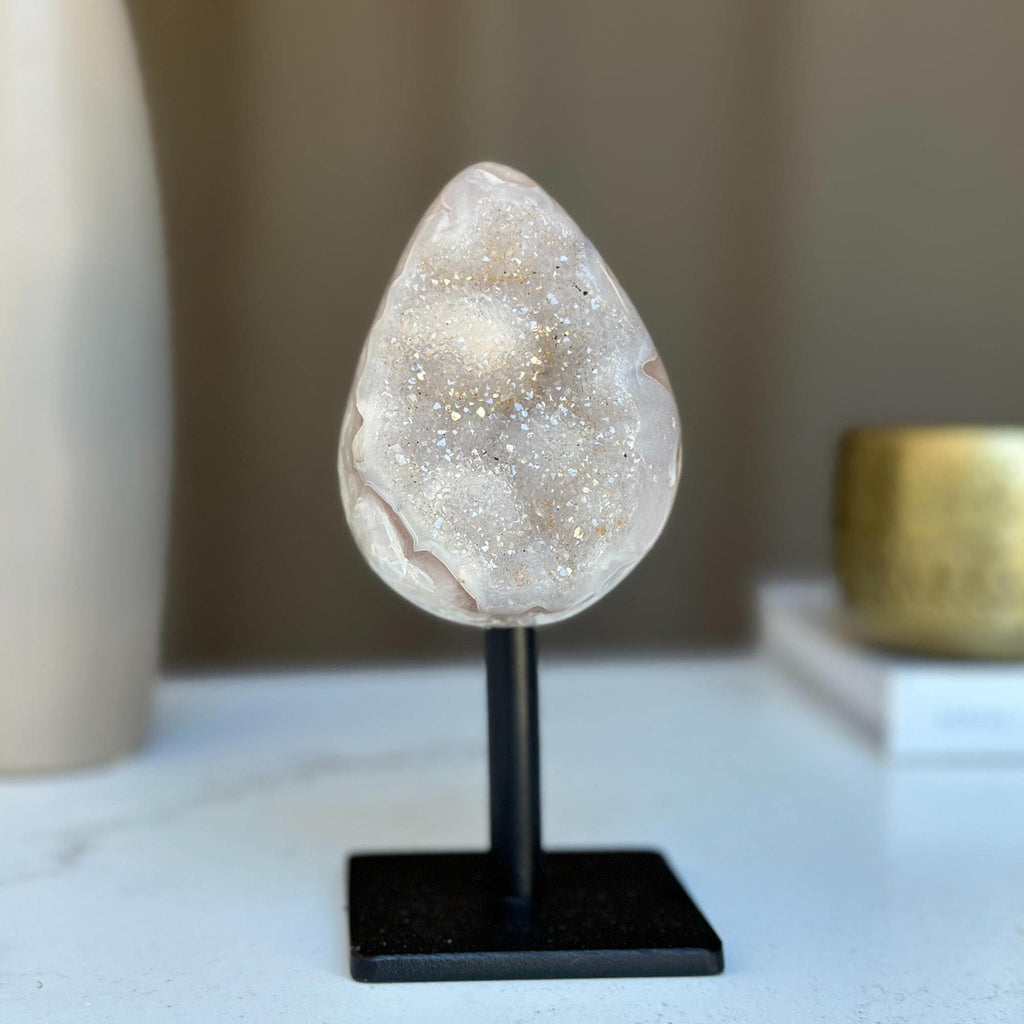 Egg Shaped Crystal on Stand, Agate and Pink Amethyst, Rare Unique Jasper and Agate Crystal on Metal Stand, Elevate your home decor | Stalactite Eye Display | Wiccan Center