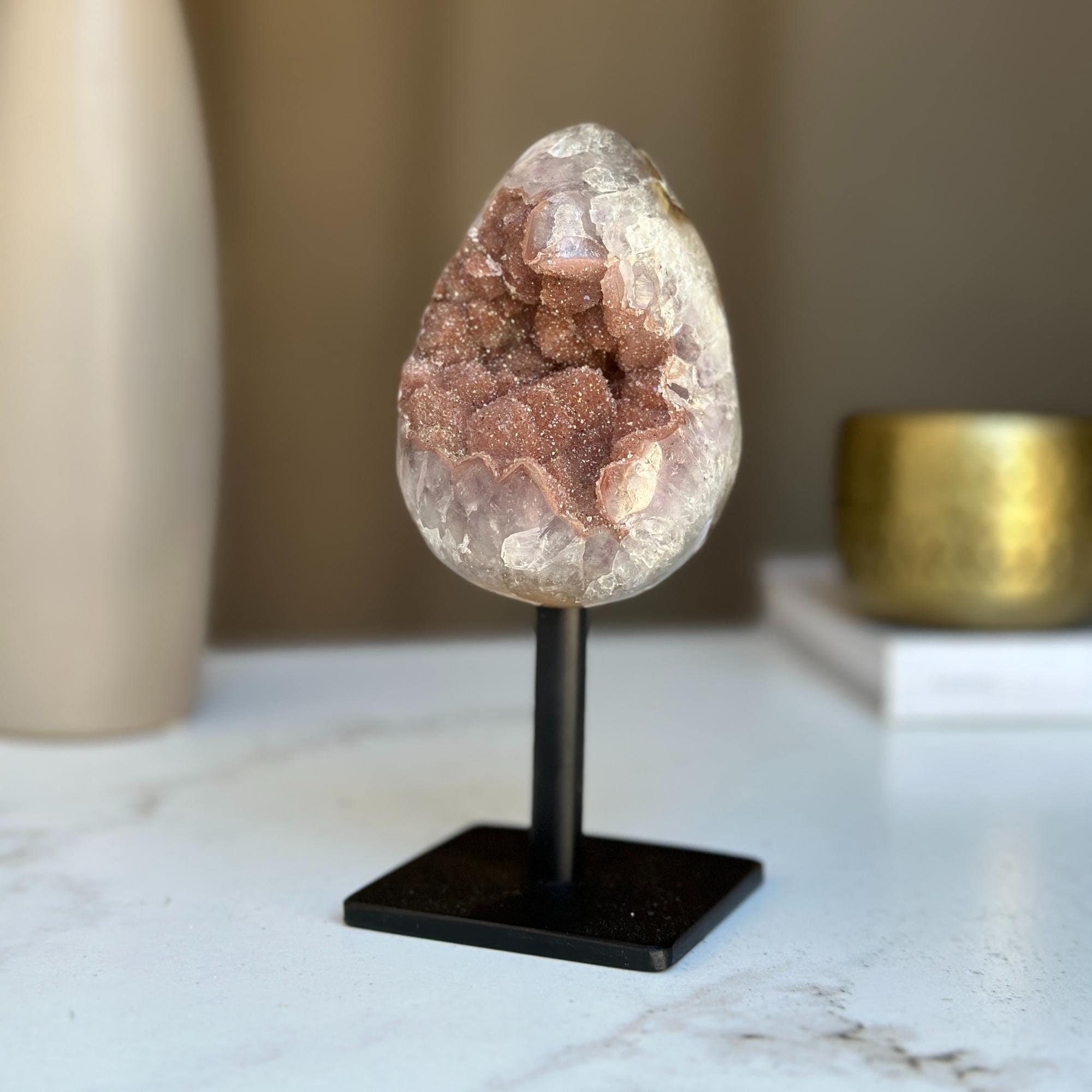 Egg Shaped Crystal on Stand, Agate and Pink Amethyst, Rare Unique Jasper and Agate Crystal on Metal Stand, Elevate your home decor | Stalactite Eye Display | Wiccan Center