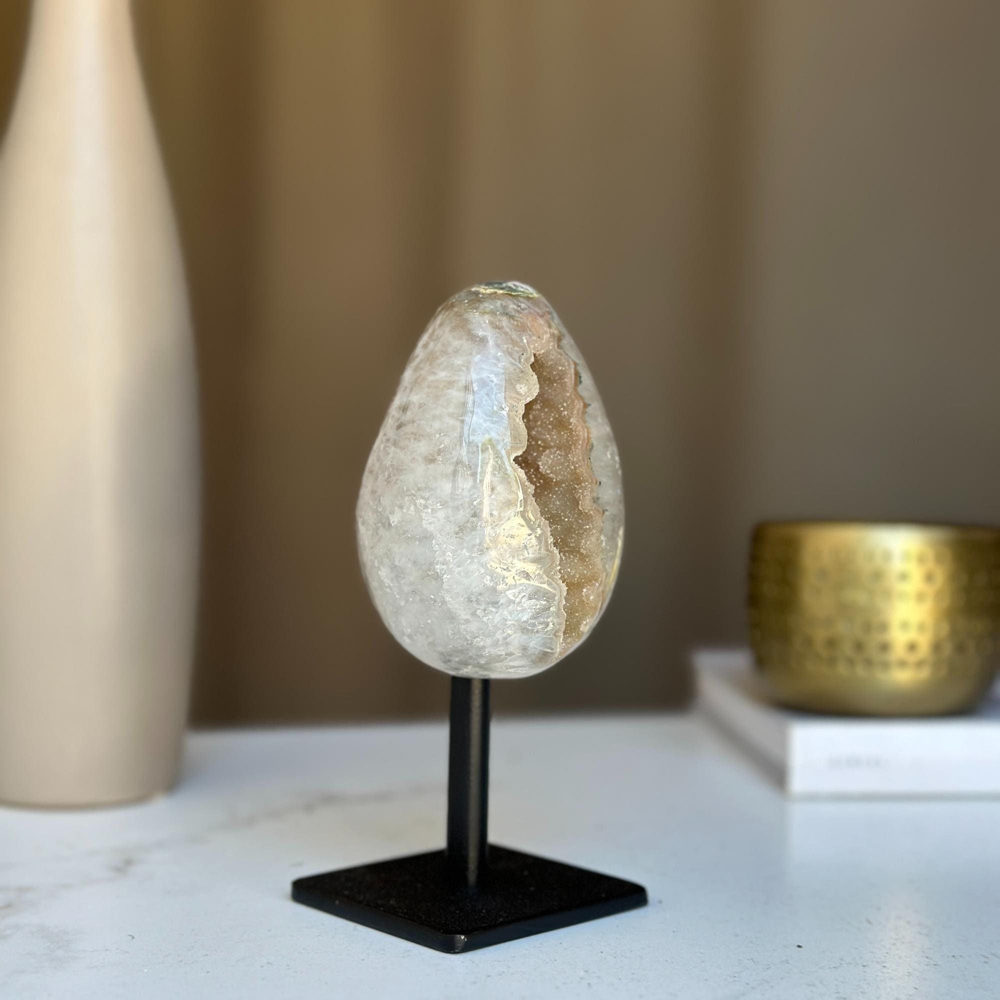 Egg Shaped Crystal on Stand, Agate and Pink Amethyst, Rare Unique Jasper and Agate Crystal on Metal Stand, Elevate your home decor | Stalactite Eye Display | Wiccan Center