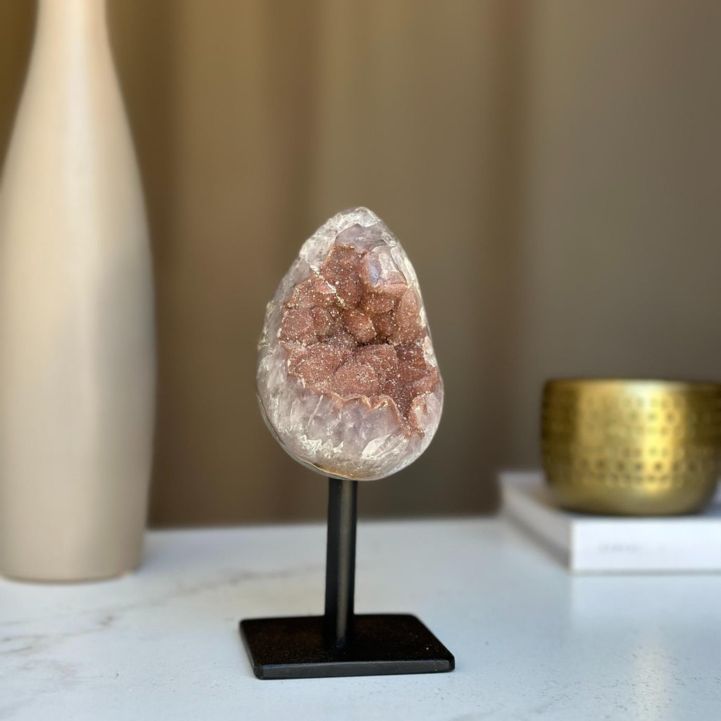 Egg Shaped Crystal on Stand, Agate and Pink Amethyst, Rare Unique Jasper and Agate Crystal on Metal Stand, Elevate your home decor | Stalactite Eye Display | Wiccan Center