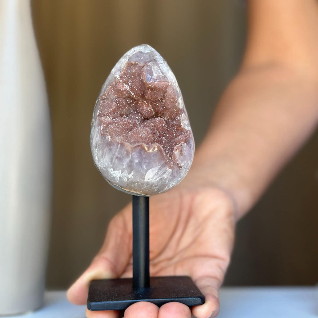 Egg Shaped Crystal on Stand, Agate and Pink Amethyst, Rare Unique Jasper and Agate Crystal on Metal Stand, Elevate your home decor | Stalactite Eye Display | Wiccan Center