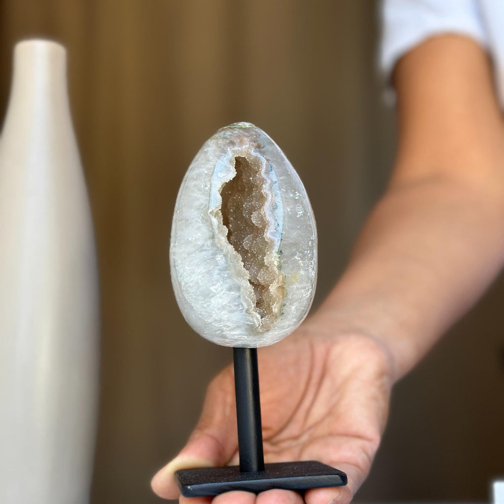 Egg Shaped Crystal on Stand, Agate and Pink Amethyst, Rare Unique Jasper and Agate Crystal on Metal Stand, Elevate your home decor | Stalactite Eye Display | Wiccan Center