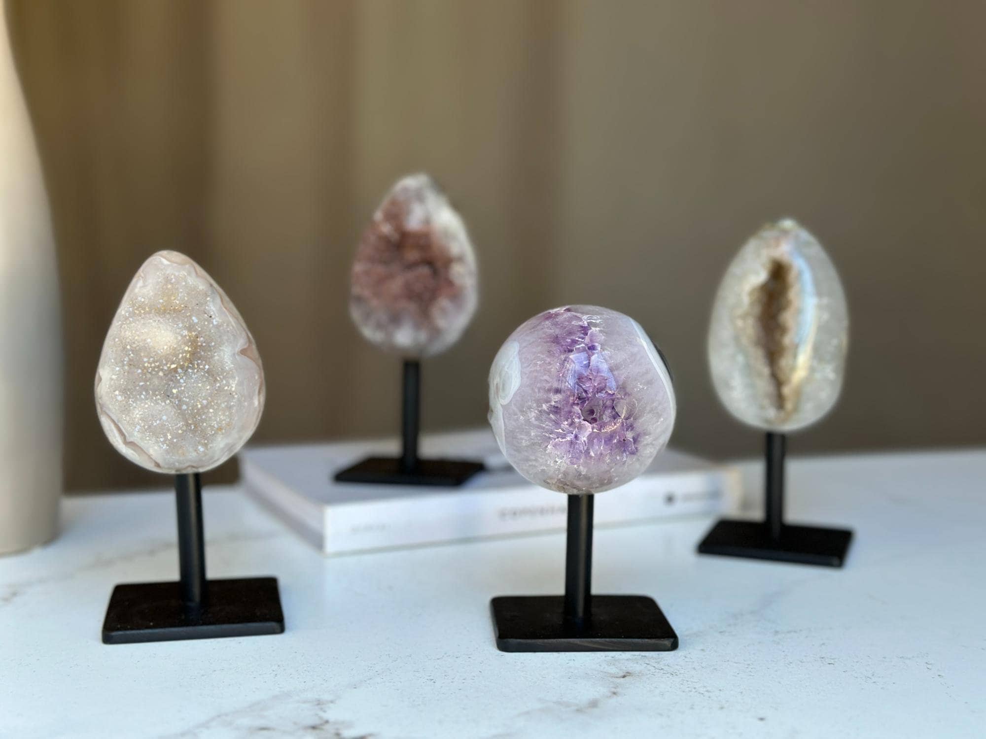 Egg Shaped Crystal on Stand, Agate and Pink Amethyst, Rare Unique Jasper and Agate Crystal on Metal Stand, Elevate your home decor | Stalactite Eye Display | Wiccan Center
