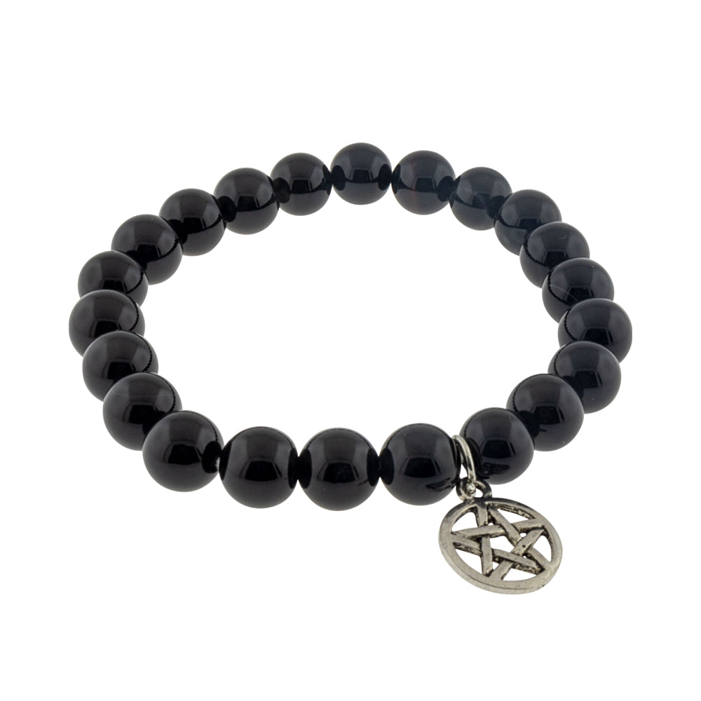 Elastic Bracelet 8mm Round Beads - Black Agate w/ Pentacle | Bracelet | Wiccan Center