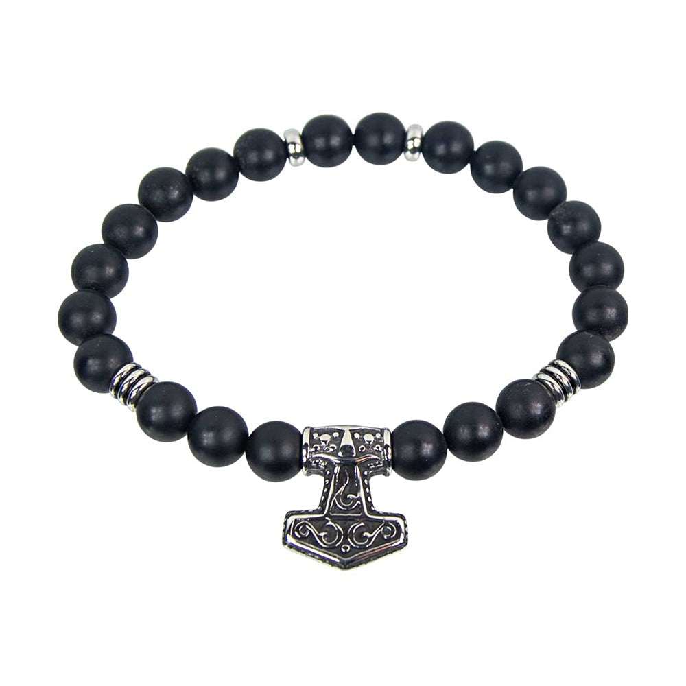 Elastic Bracelet 10mm Round Beads - Matte Black Agate w/ Thor's Mjölnir | Bracelet | Wiccan Center