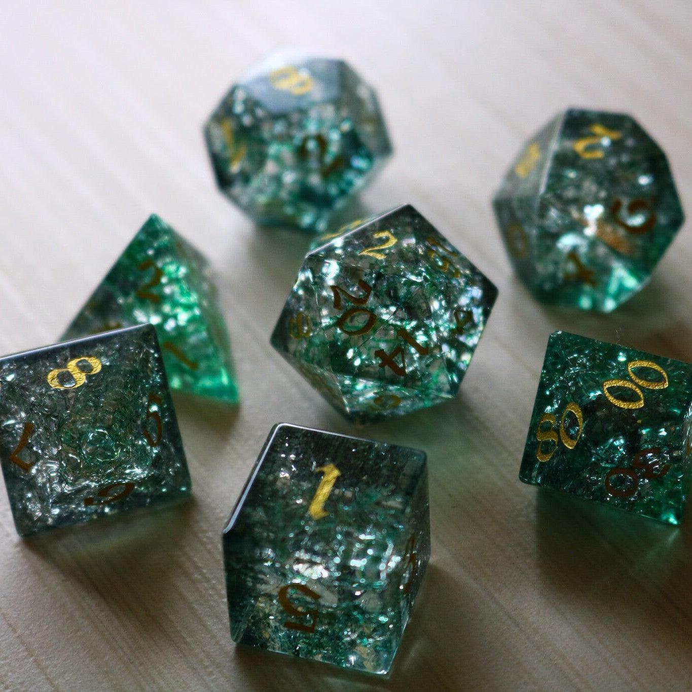 Elven Wood Green Forge Fire Glass DND Dice Set | Gemstone Dice | Wiccan Center