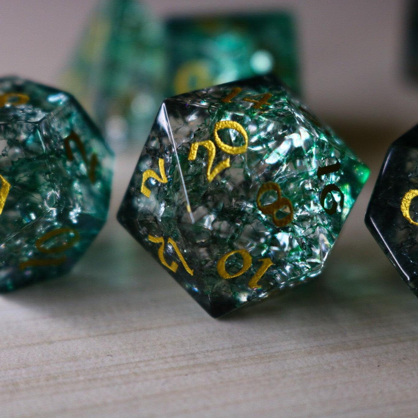 Elven Wood Green Forge Fire Glass DND Dice Set | Gemstone Dice | Wiccan Center