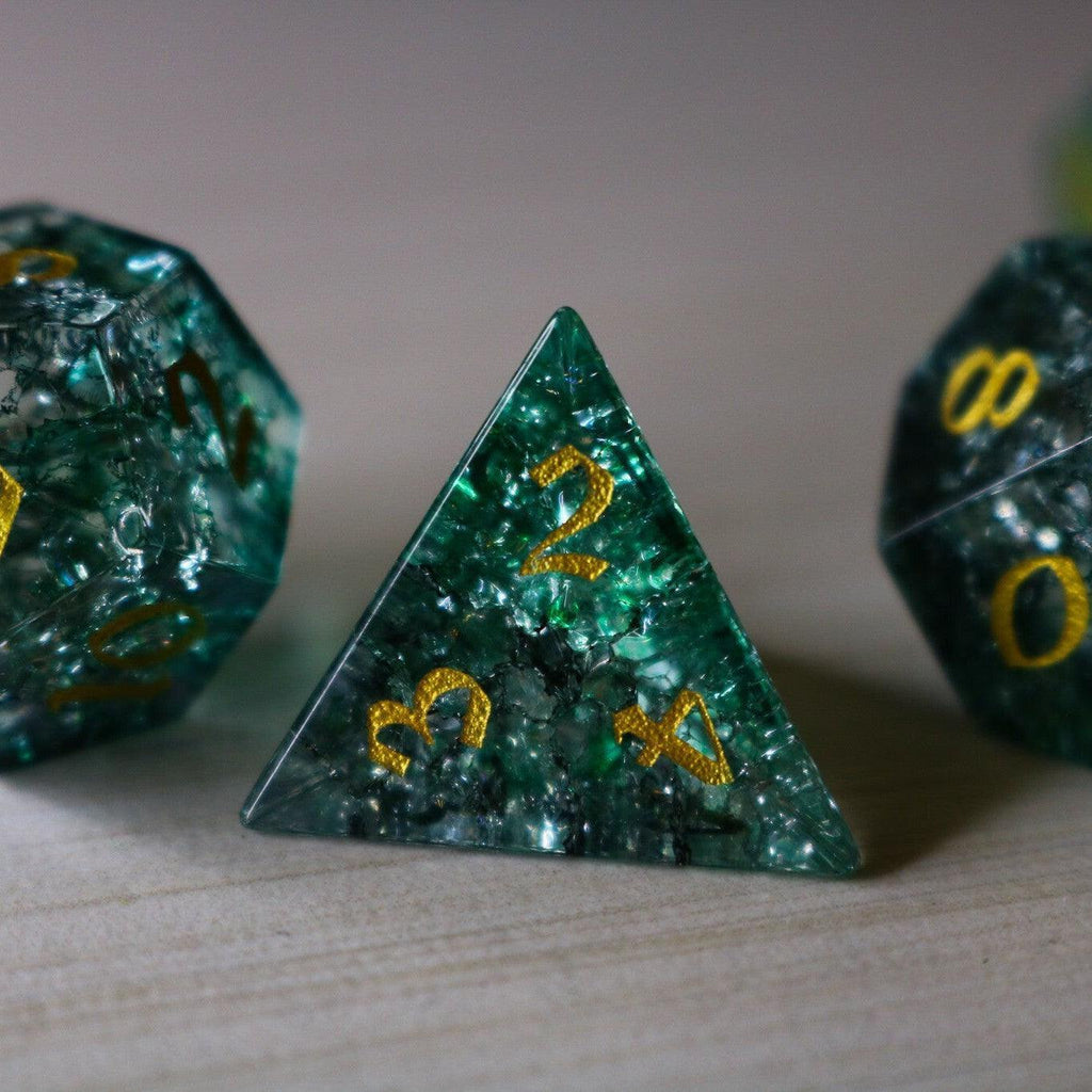 Elven Wood Green Forge Fire Glass DND Dice Set | Gemstone Dice | Wiccan Center