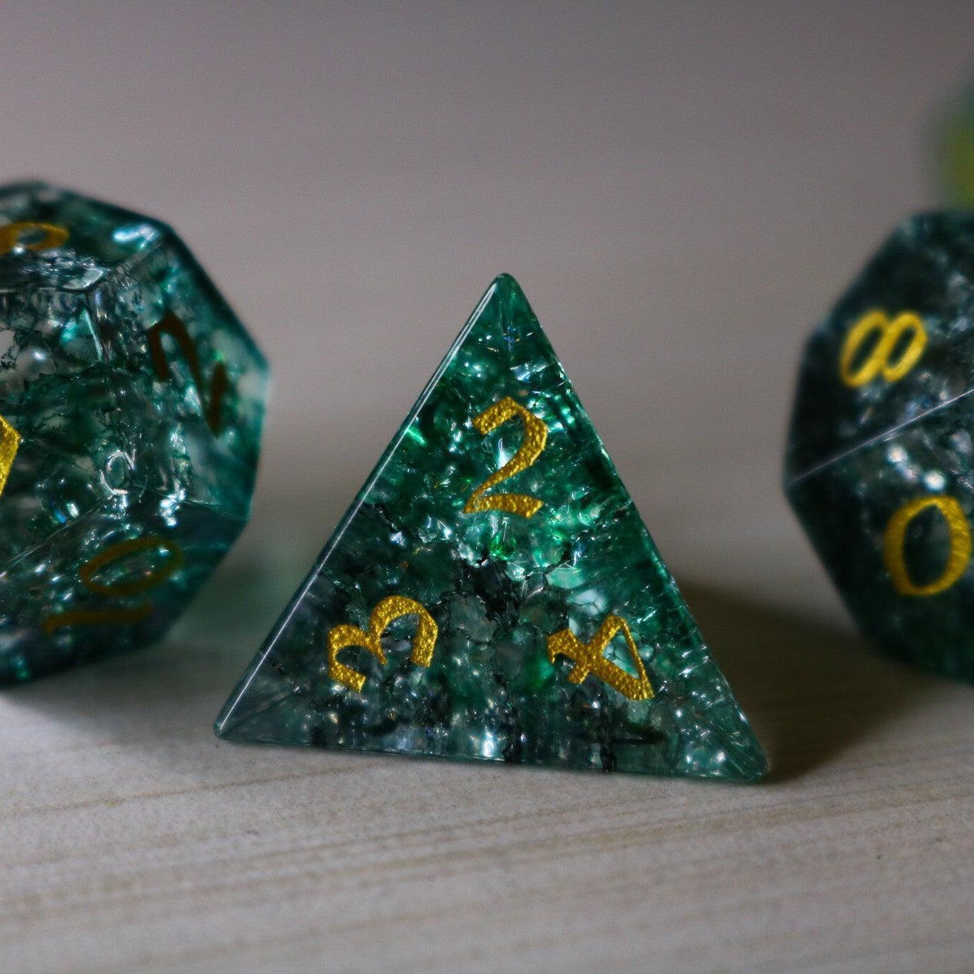 Elven Wood Green Forge Fire Glass DND Dice Set | Gemstone Dice | Wiccan Center