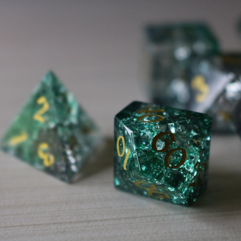 Elven Wood Green Forge Fire Glass DND Dice Set | Gemstone Dice | Wiccan Center