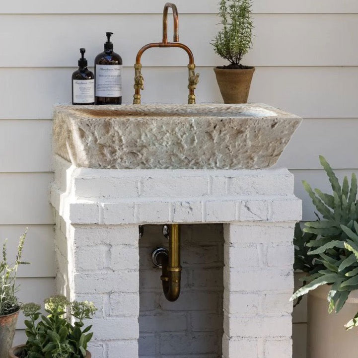 Ephesus Light Travertine Rustic Old-world Look Wall-mount Outdoor Sink (W)18" (L)28" (H)8" | Stone Sinks | Wiccan Center