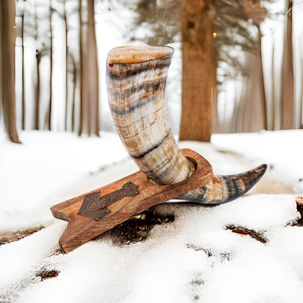 Viking Drinking Horn – Ox Horn with Wooden Stand