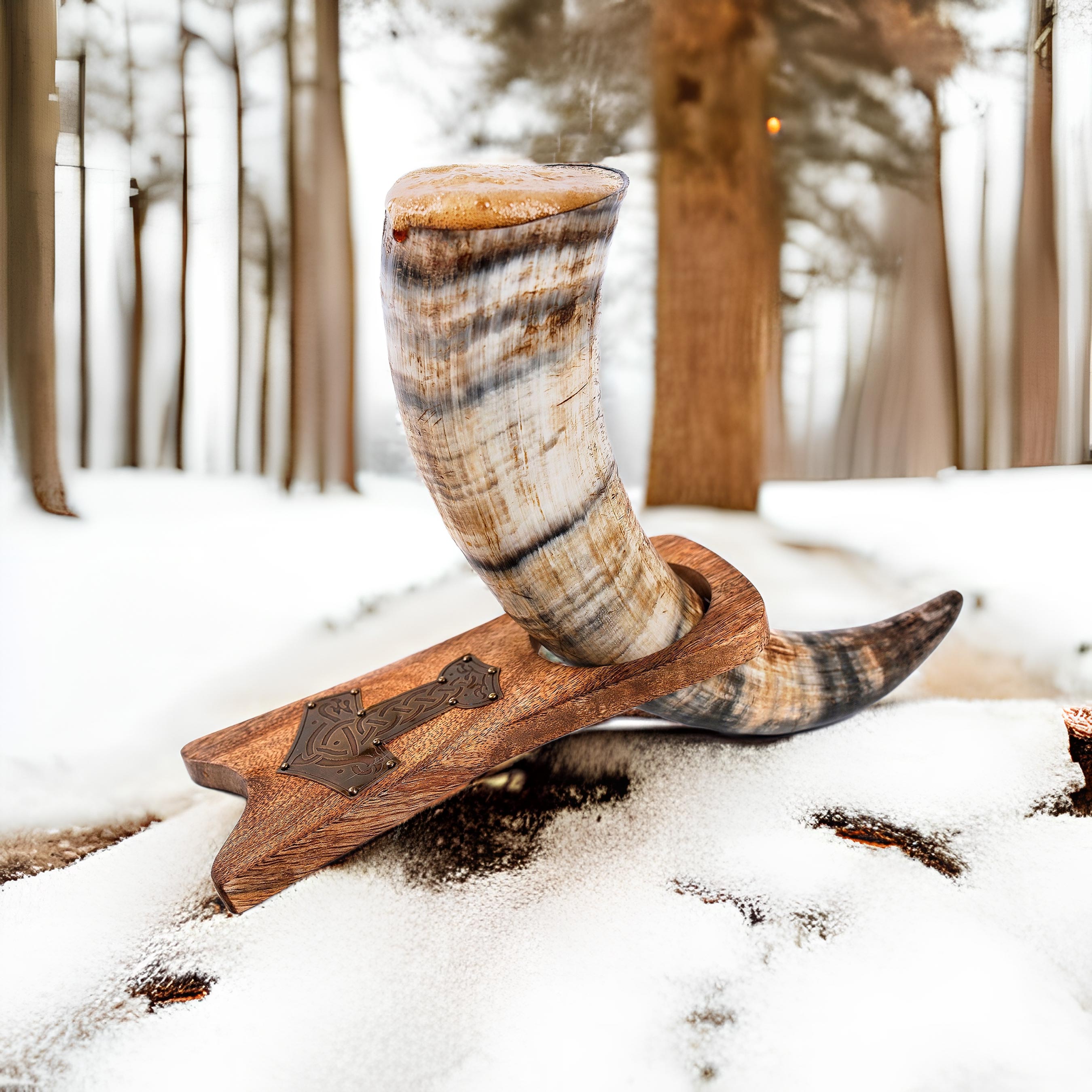 Viking Drinking Horn – Ox Horn with Wooden Stand