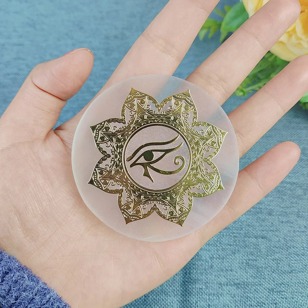 Selenite Spiritual Gold Symbol Plates | crystal | Wiccan Center