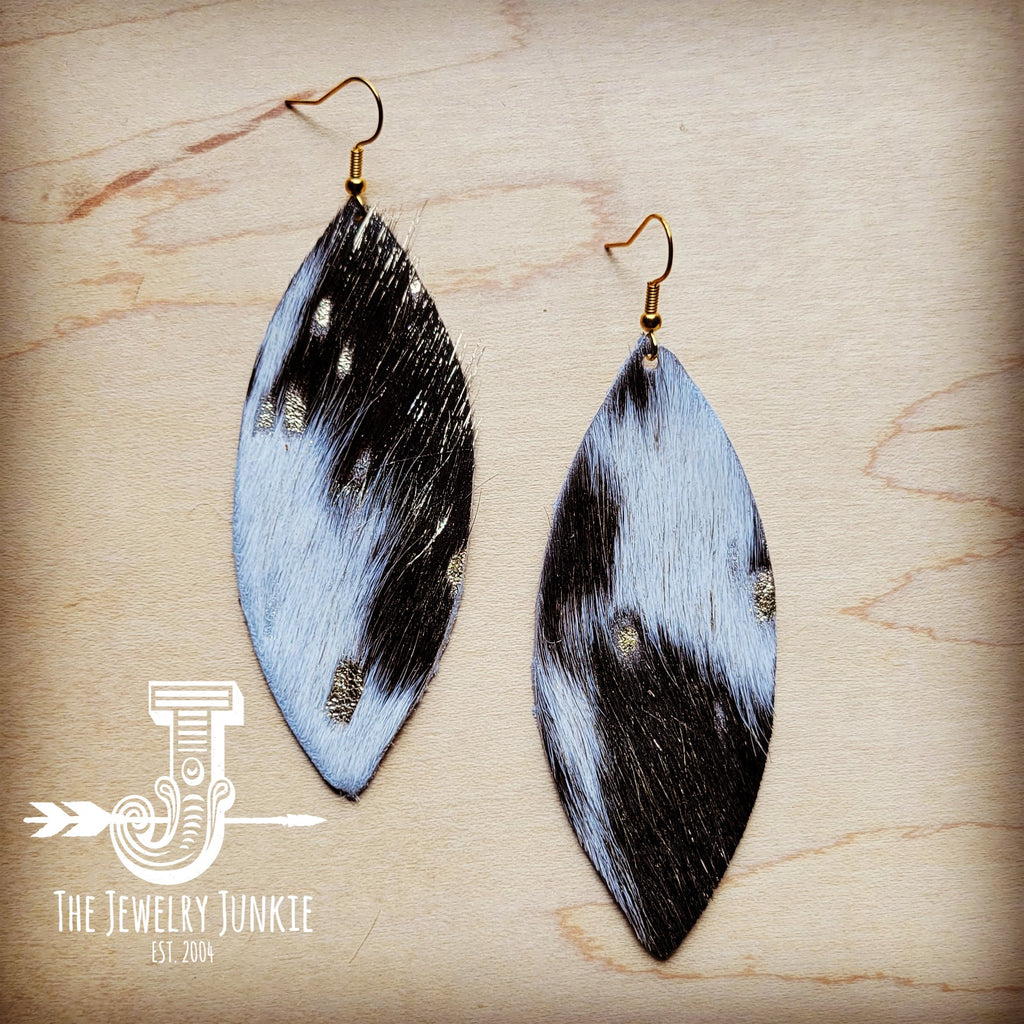 **Narrow Leather Oval Earrings-Mixed Metallic Hair-on-Hide 208x | Earrings | Wiccan Center