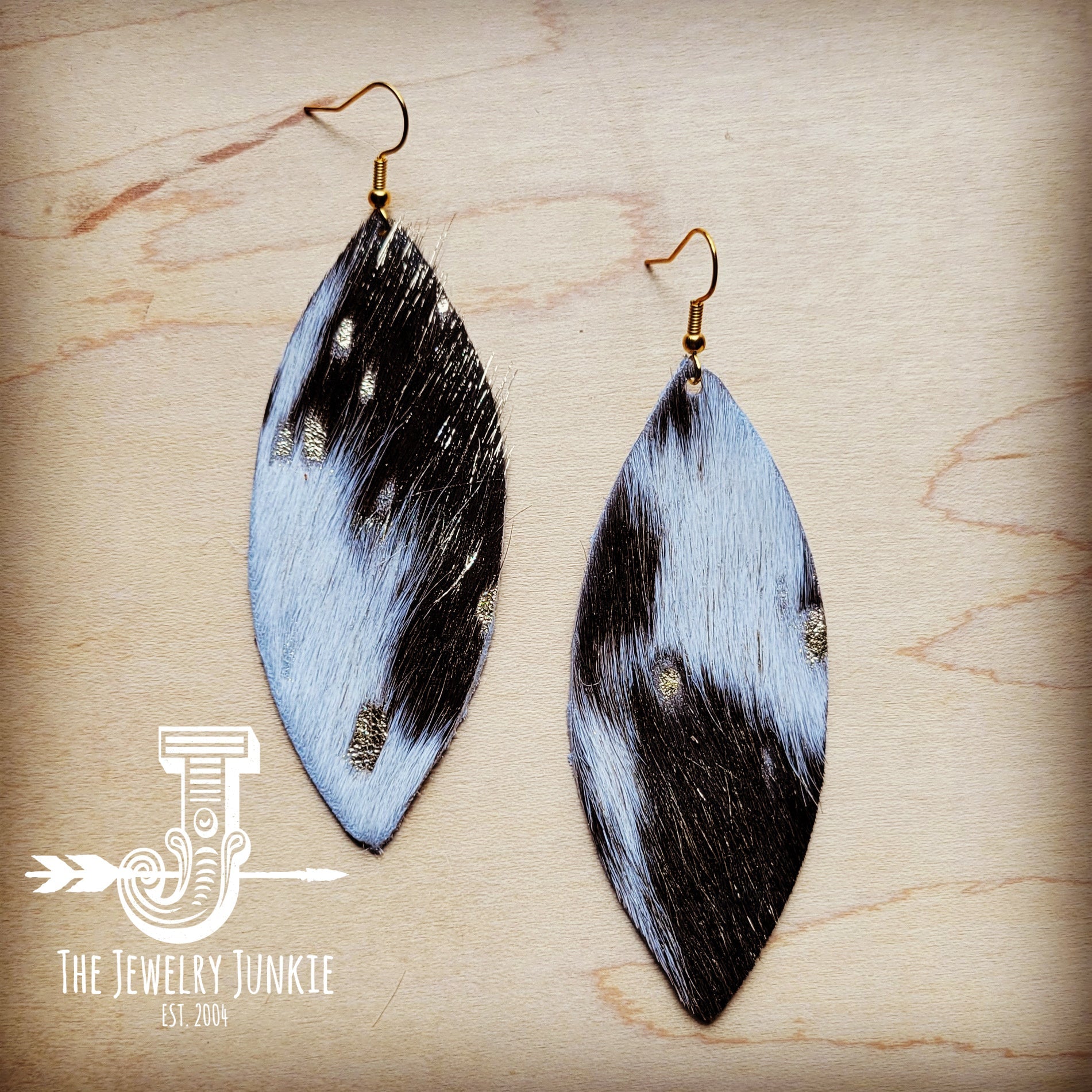 **Narrow Leather Oval Earrings-Mixed Metallic Hair-on-Hide 208x | Earrings | Wiccan Center