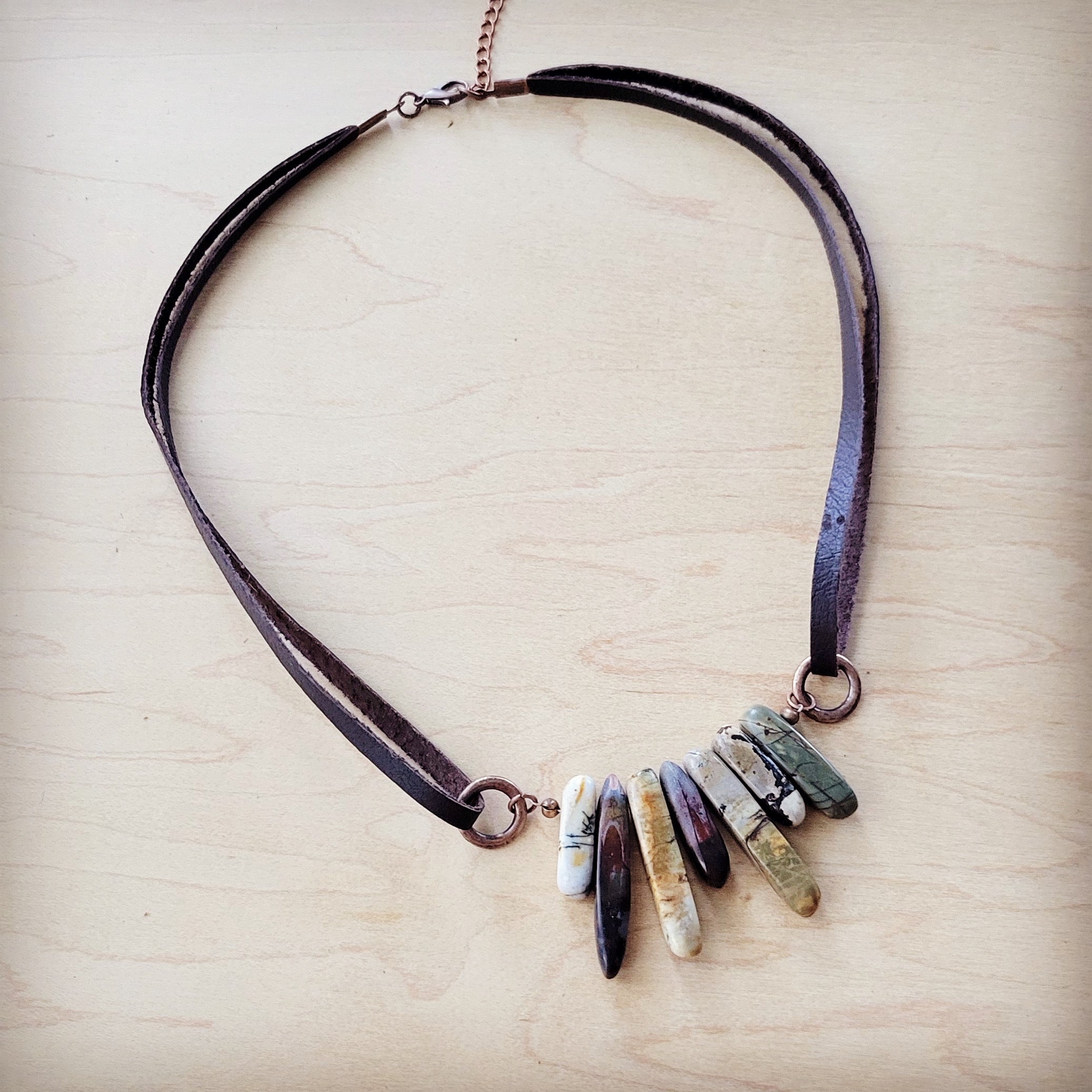 Picasso Jasper Stone Collar Necklace w/ Genuine Leather Cord 261f | Necklace | Wiccan Center