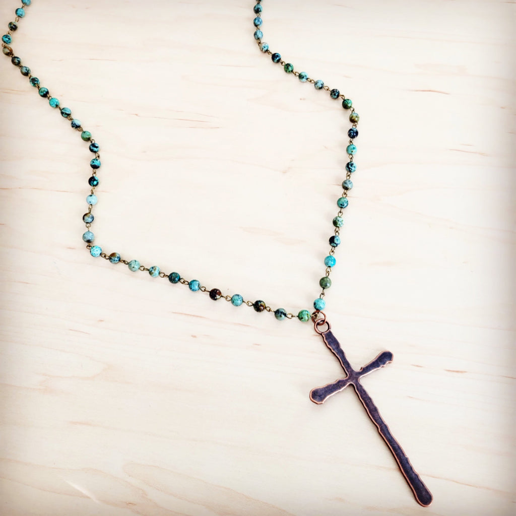 Genuine African Turquoise Long Beaded Necklace with Antique Copper Cross 262y | Necklace | Wiccan Center