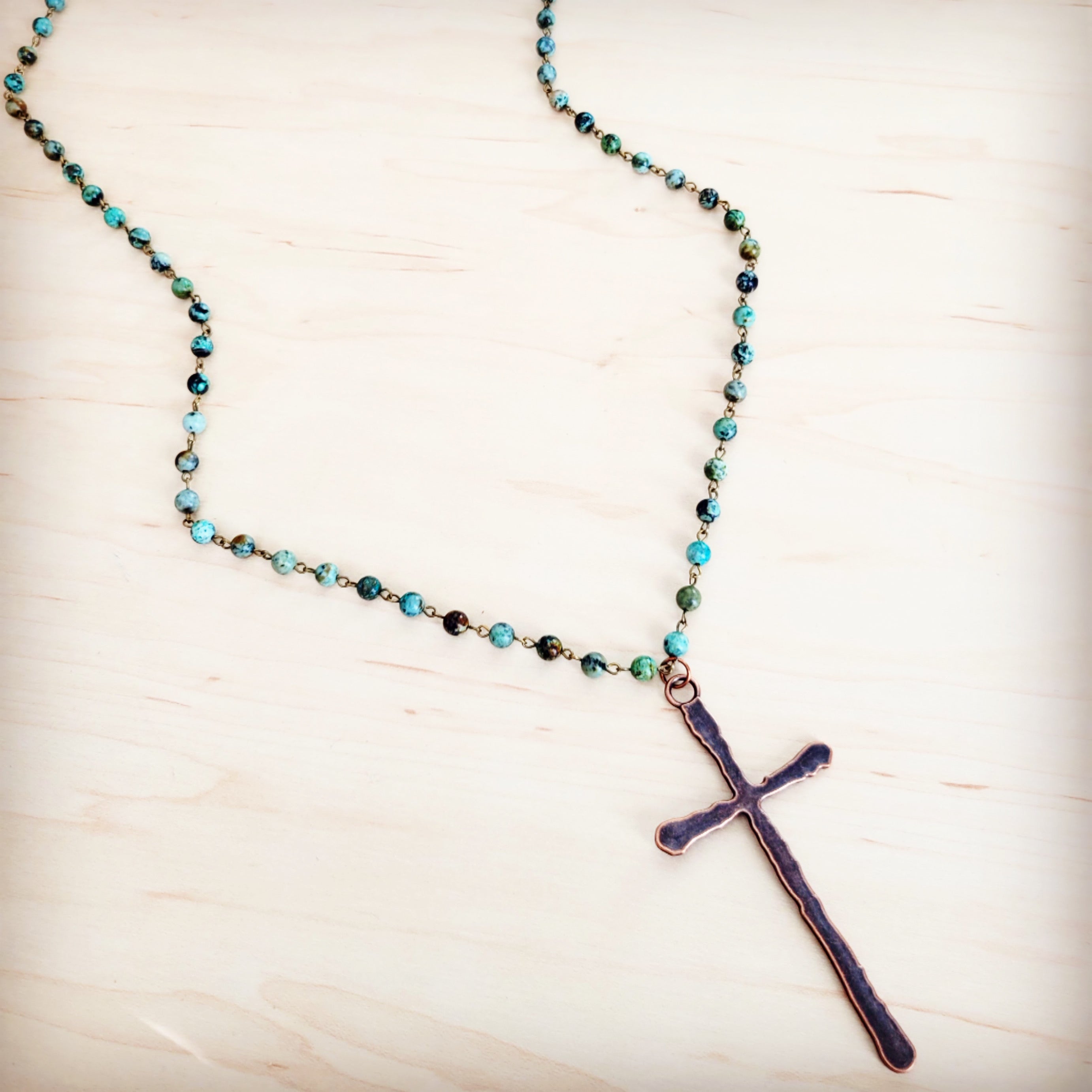 Genuine African Turquoise Long Beaded Necklace with Antique Copper Cross 262y | Necklace | Wiccan Center