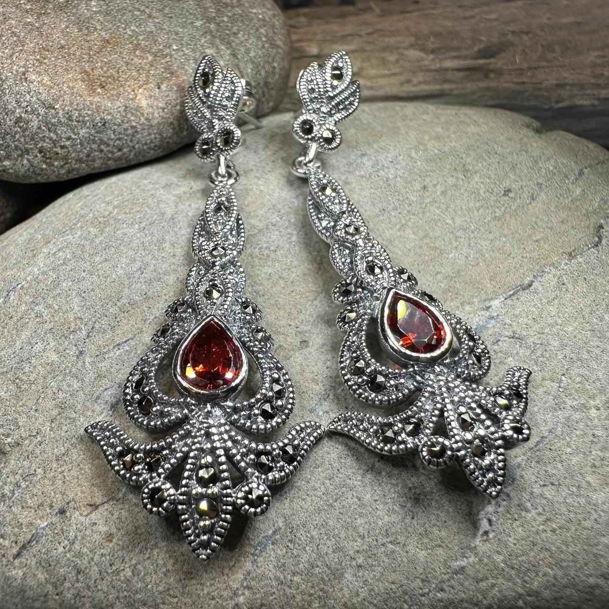 Nour Garnet Marcasite Earrings | Dangle Earrings | Wiccan Center