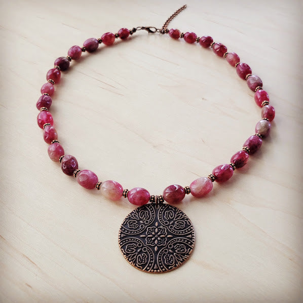 **Natural Pink Jade Beaded Collar Necklace w/ Scroll Pendant 261L | Necklace | Wiccan Center