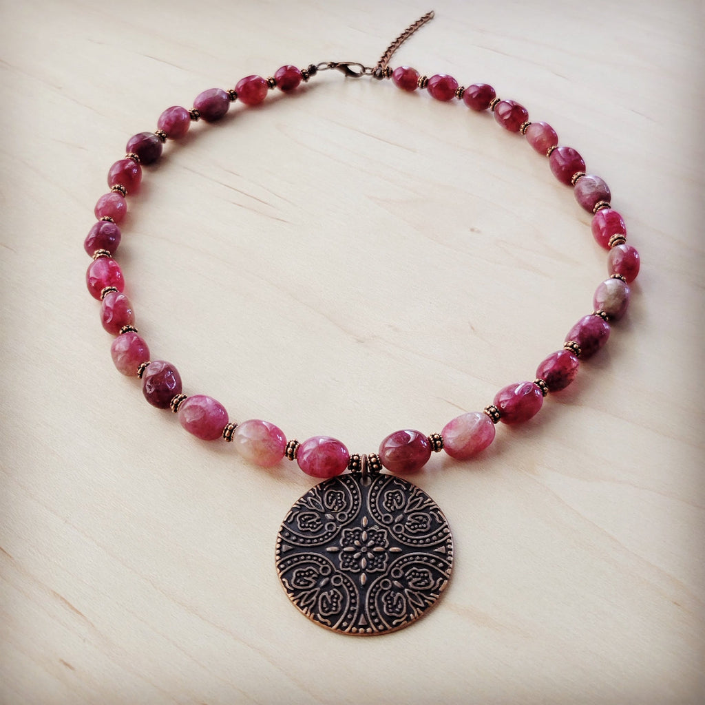 **Natural Pink Jade Beaded Collar Necklace w/ Scroll Pendant 261L | Necklace | Wiccan Center