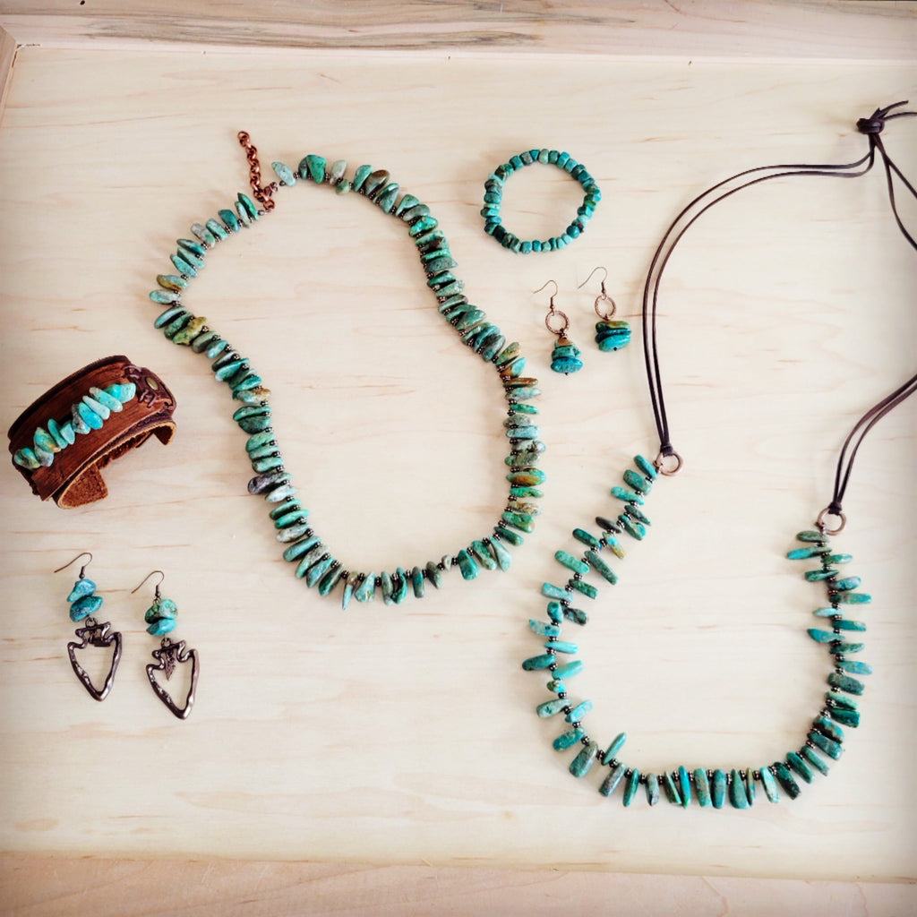 Natural Turquoise Stacked Stone Necklace with Leather Ties 263e | Necklace | Wiccan Center