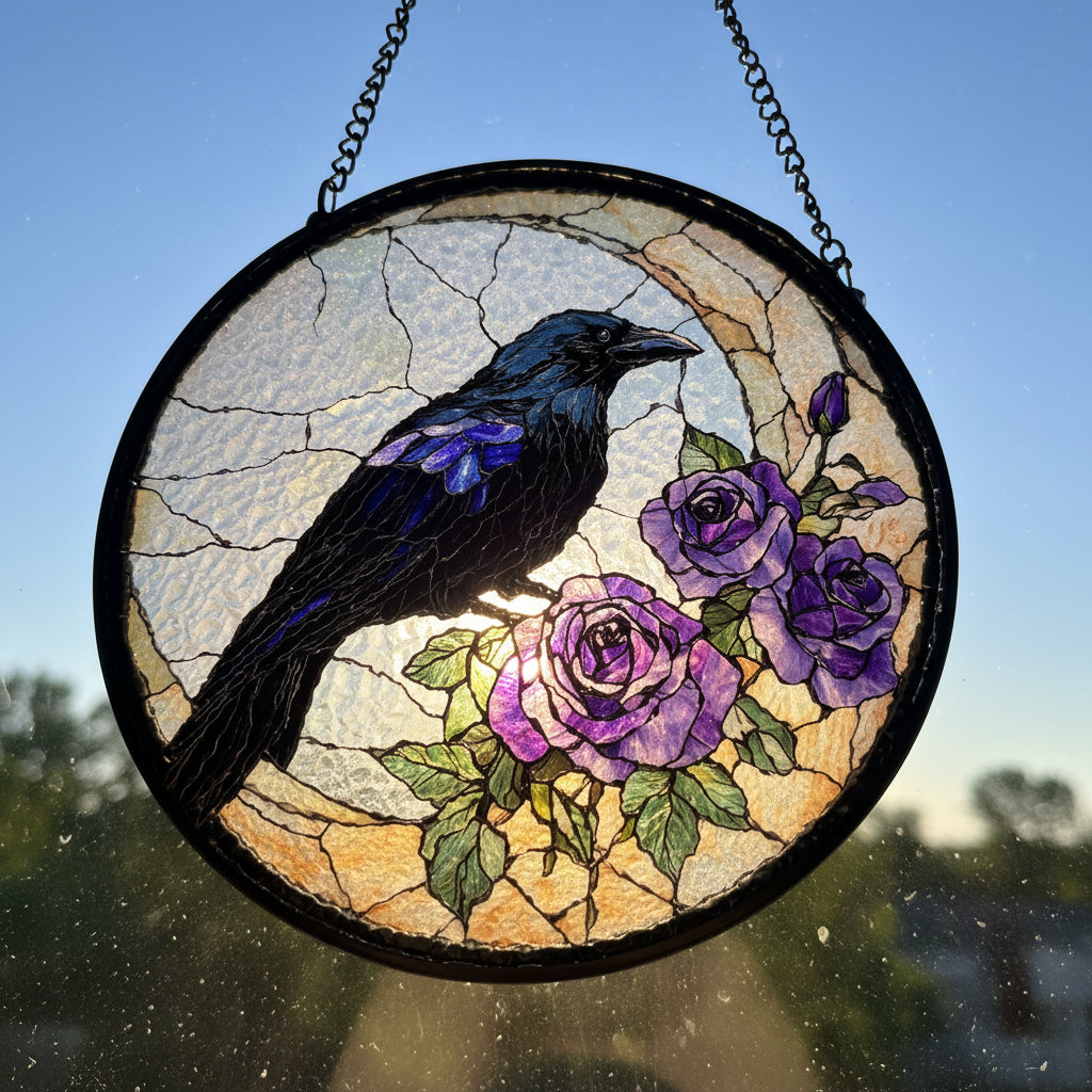 Purple Roses Moon Raven Suncatcher | Gifts | Wiccan Center
