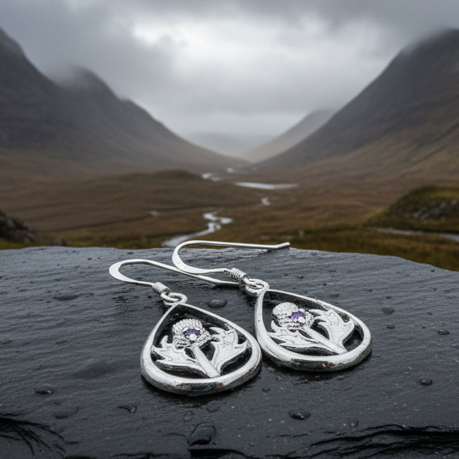 Teardrop Scottish Thistle Amethyst Earrings — Perfect Gift | Post Earrings | Wiccan Center