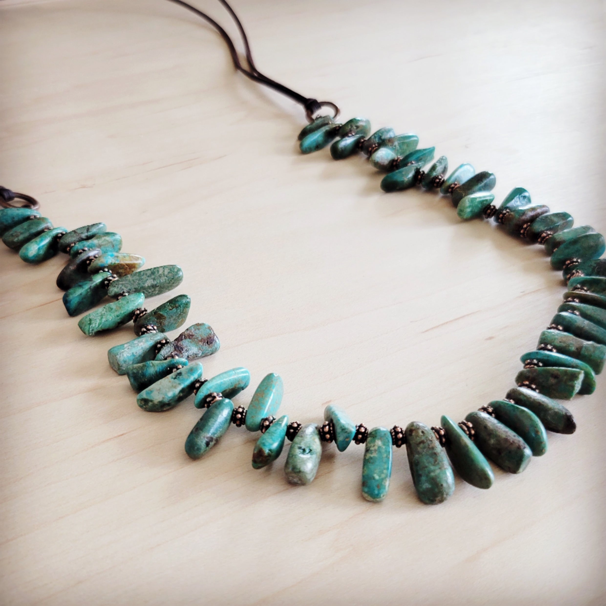 Natural Turquoise Stacked Stone Necklace with Leather Ties 263e | Necklace | Wiccan Center