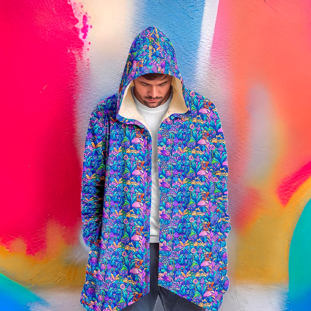 Psychedelic Mushrooms Cuddle Cloak | Unisex Minky Sherpa Lined Hooded Coat | Women and Mens Festival Coat | Mountain Fashion | Microfleece Cloak - AOP | Wiccan Center