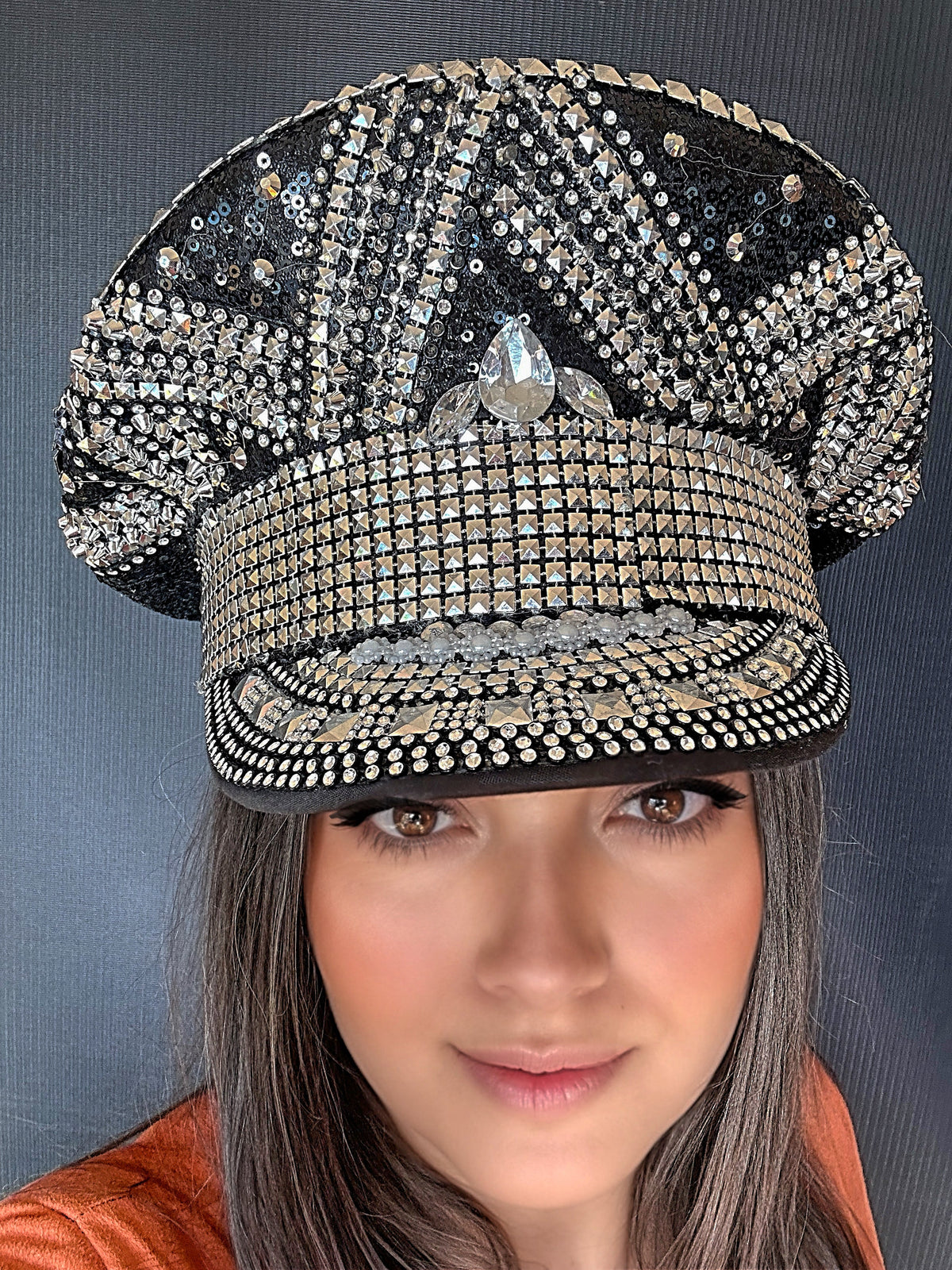 Black and Silver Rhinestone Hat / Sequin Hat / Party Captain Hat / Festival Hat, EDC Hat, Rave Hat / Birthday Hat / Custom Phrase Hat | | Wiccan Center