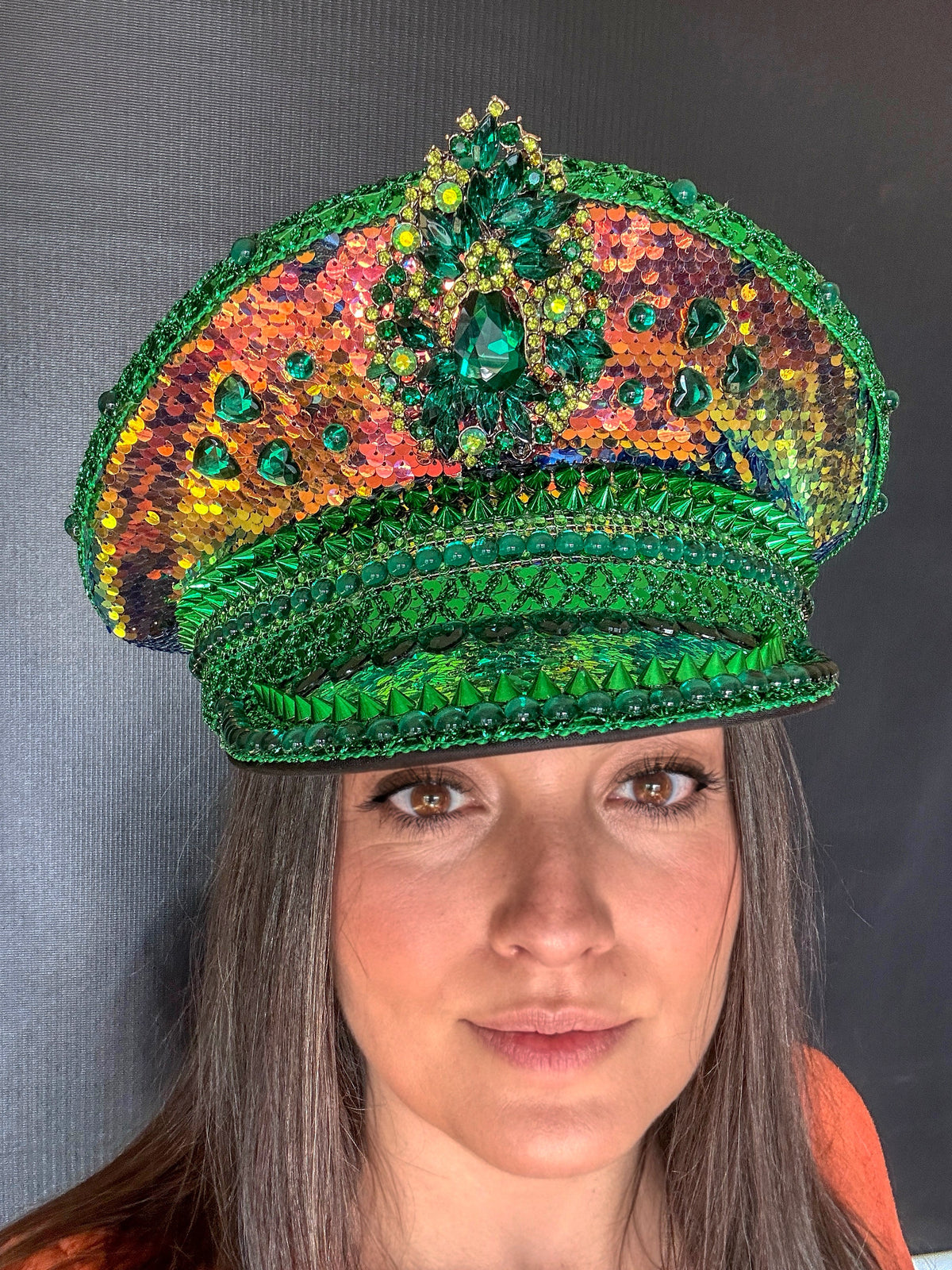 Green and Gold Saint Patricks Day Rhinestone Hat, Party Captain Hat, Rainbow Sequin Festival Hat, Rave Hat, Birthday Hat, Custom Word Hat | | Wiccan Center