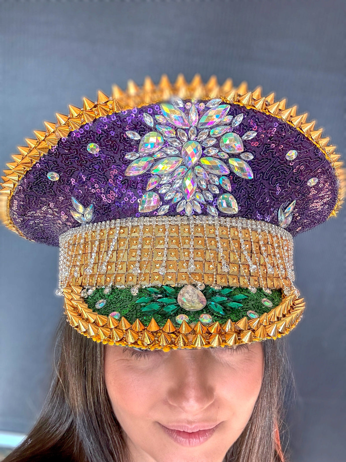 Purple and Gold Mardi Gras Rhinestone Hat / Jazz Fest Hat, Party Captain Hat, Sequin Festival Hat, Rave Hat, Birthday Hat, Custom Phrase Hat | | Wiccan Center