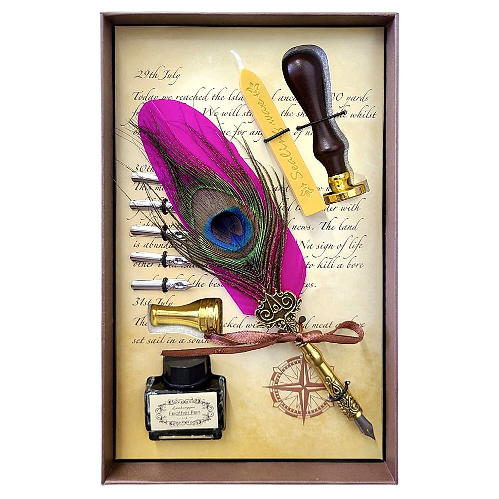 Peacock Feather Quill Dip Pen Set - Feather Quill Pen Dip Set – Style 4 | Altar supplies | Wiccan Center