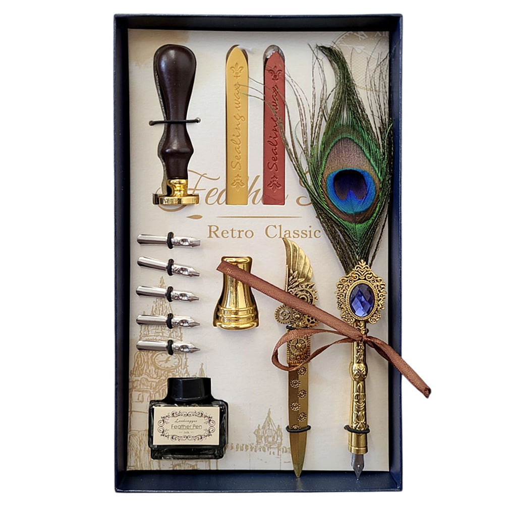 Peacock Feather Quill Dip Pen Set - Feather Quill Pen Dip Set – Style 8 | Altar supplies | Wiccan Center