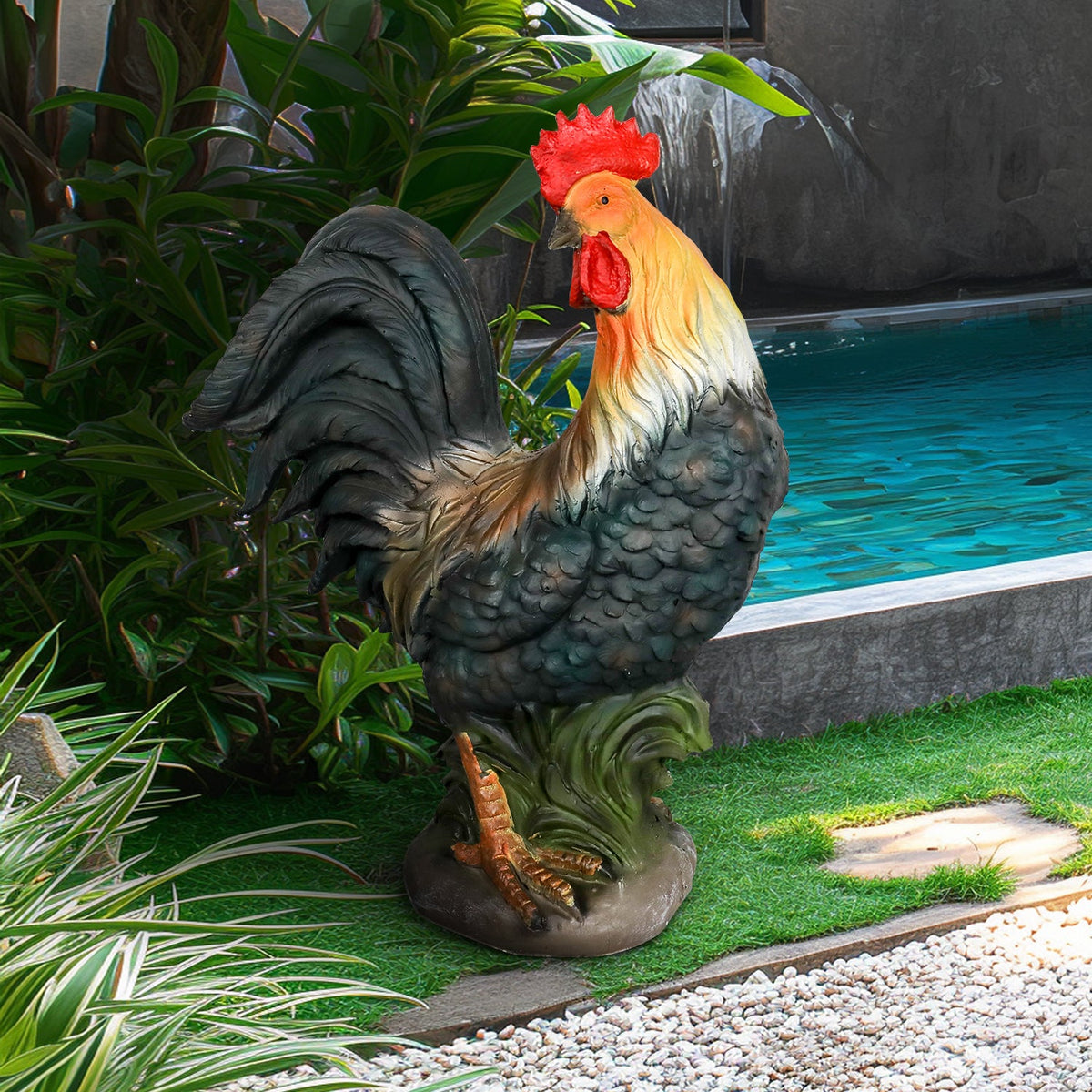 Concrete Rooster Statue Hand Painted Farmhouse 22 In