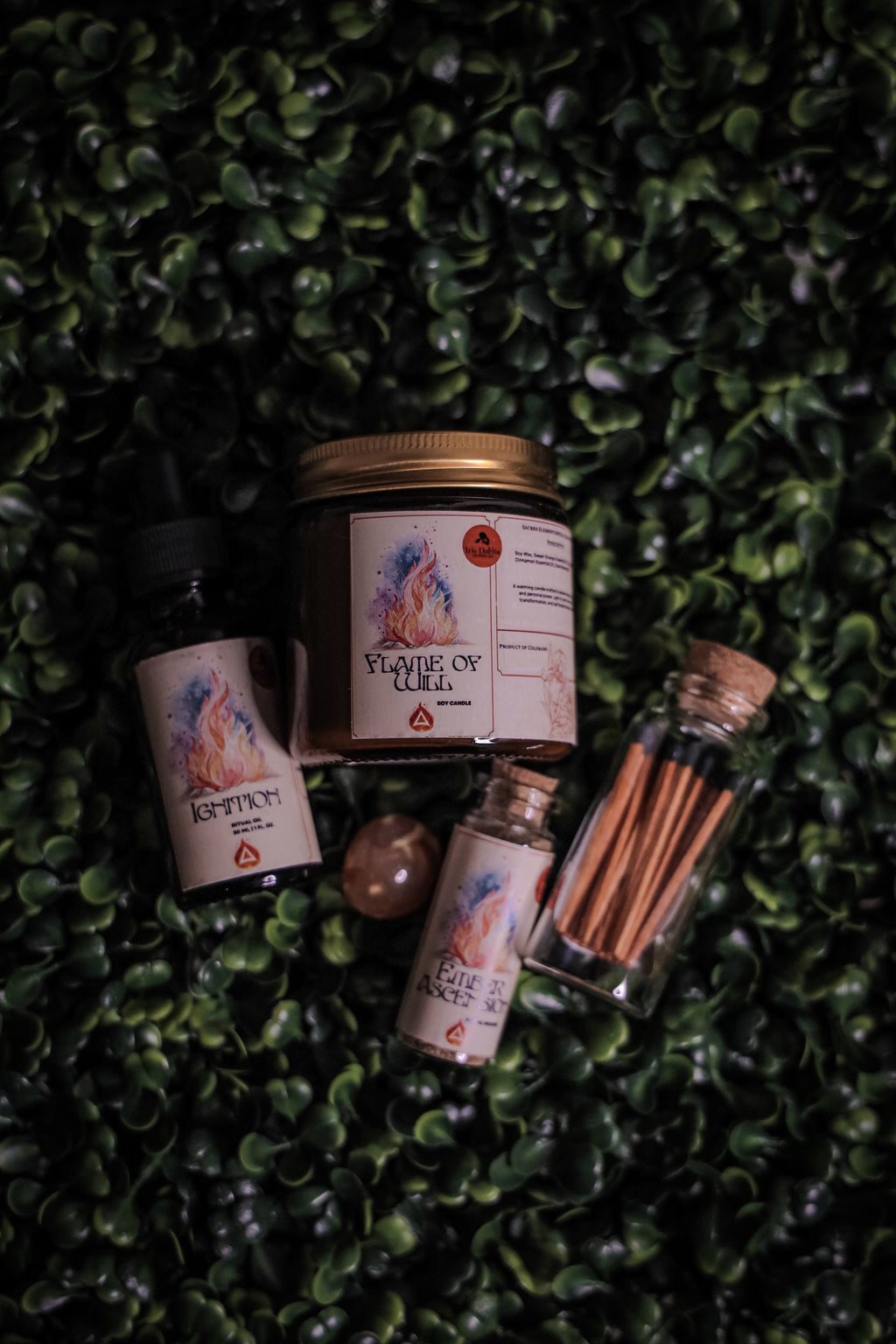 Fire Element Ritual Kit | Flame of Will Candle, Ritual Oil & Carnelian Crystal | Strength, Passion & Transformation