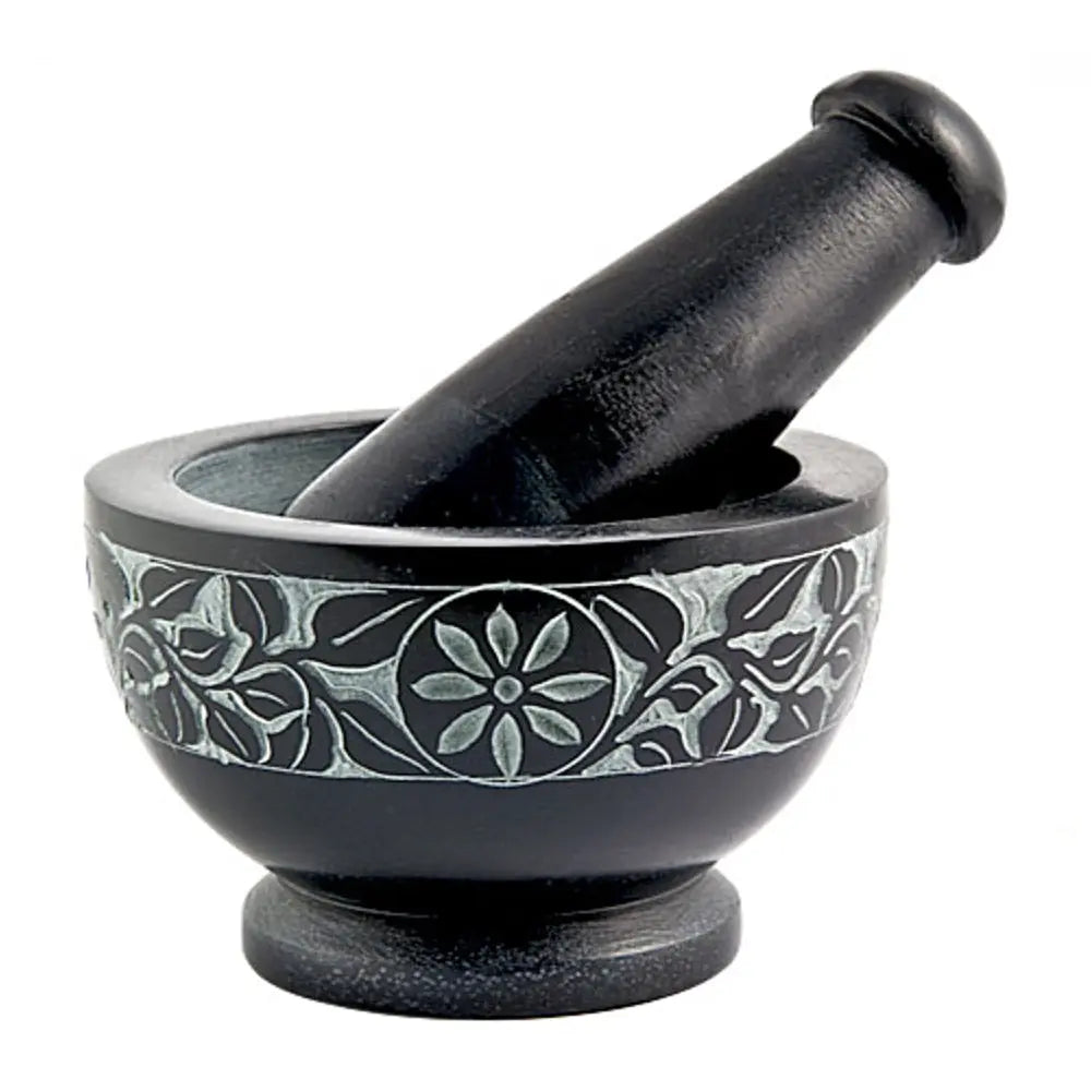 Floral Carved Black Soapstone Mortar & Pestle 4" x 2.75" | Mortar & Pestle | Wiccan Center