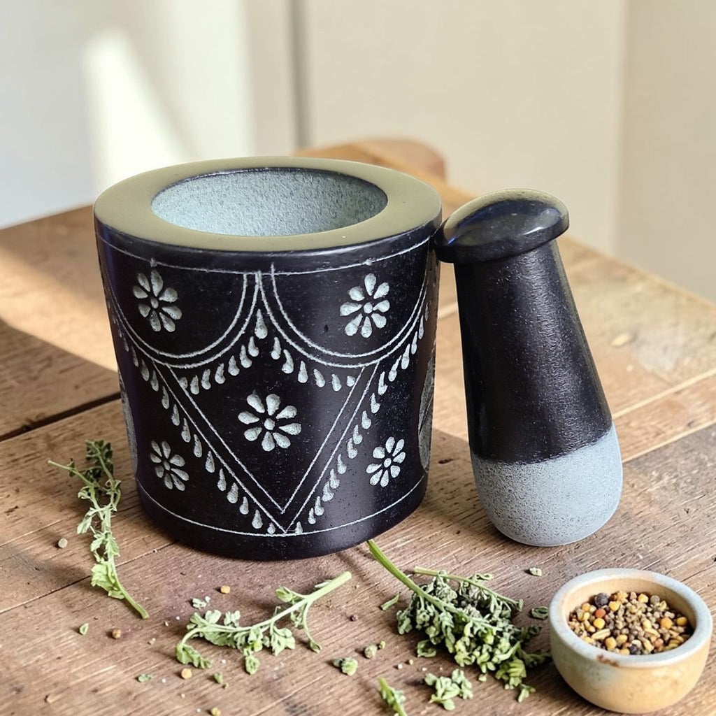 Floral Hand Carved Black Soapstone Mortar & Pestle 3"