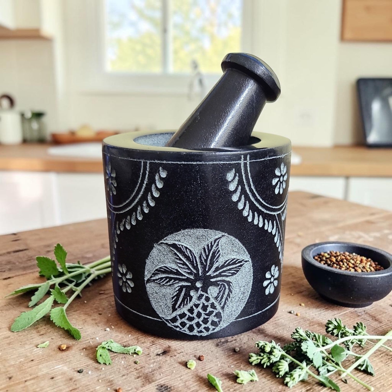Floral Hand Carved Black Soapstone Mortar & Pestle 3"