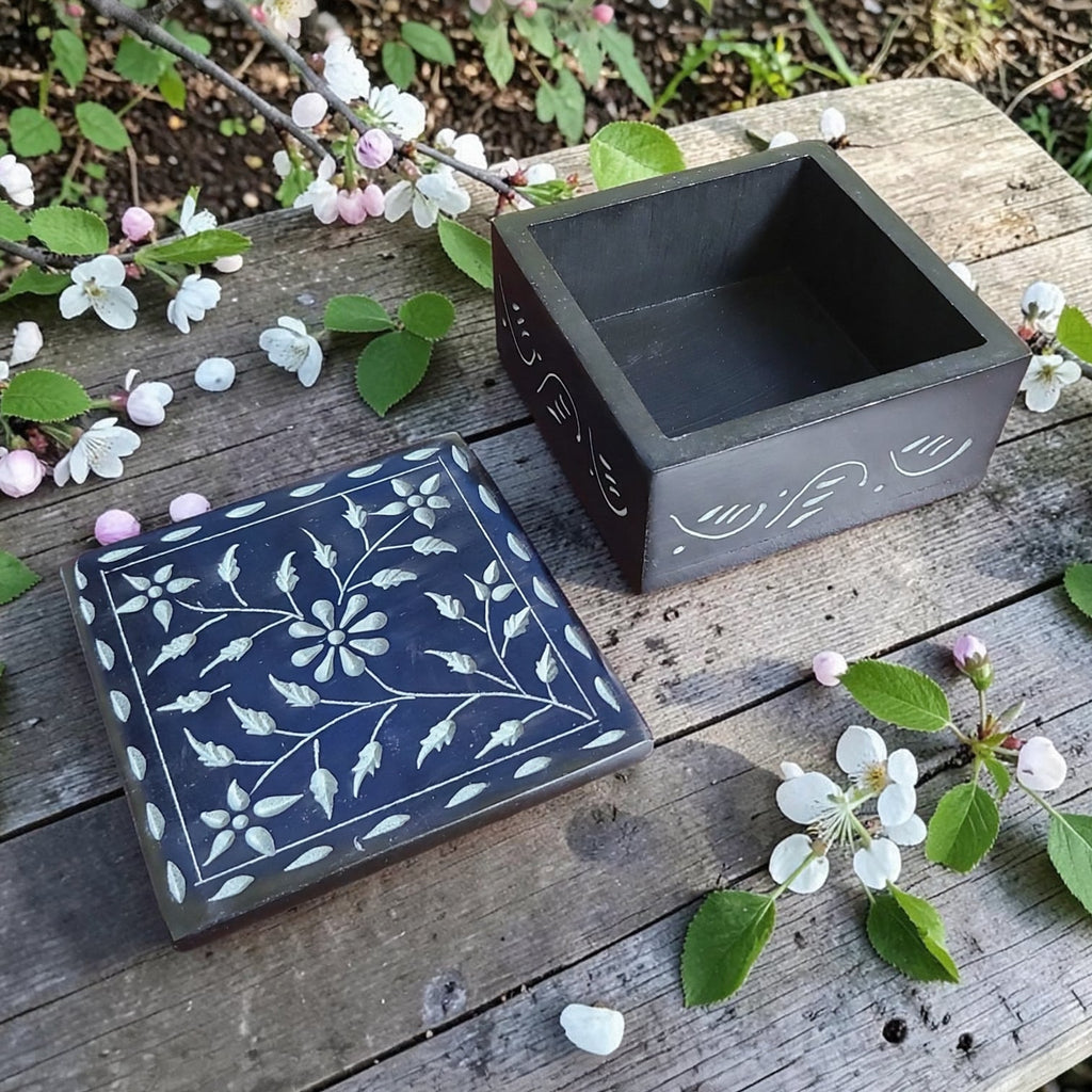 Floral Hand Carved Soapstone Box 4.25"