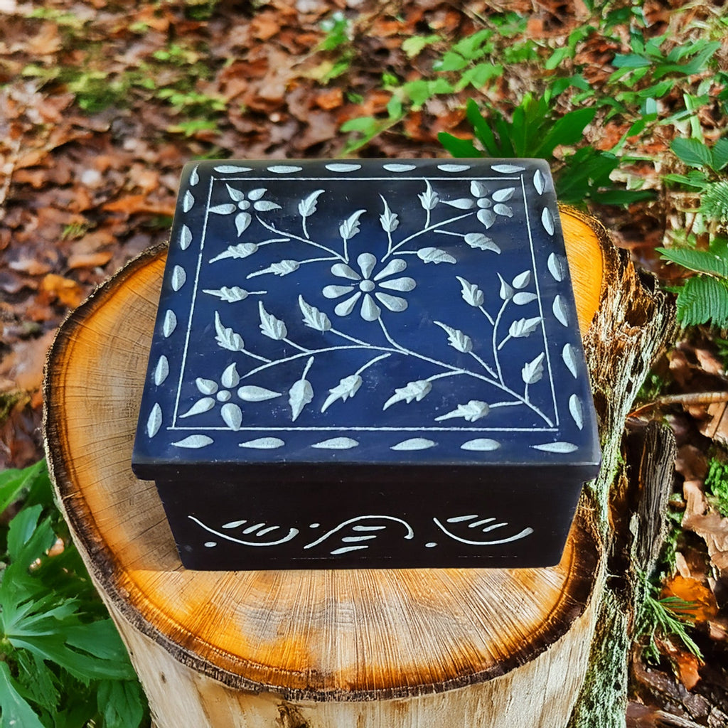 Floral Hand Carved Soapstone Box 4.25"